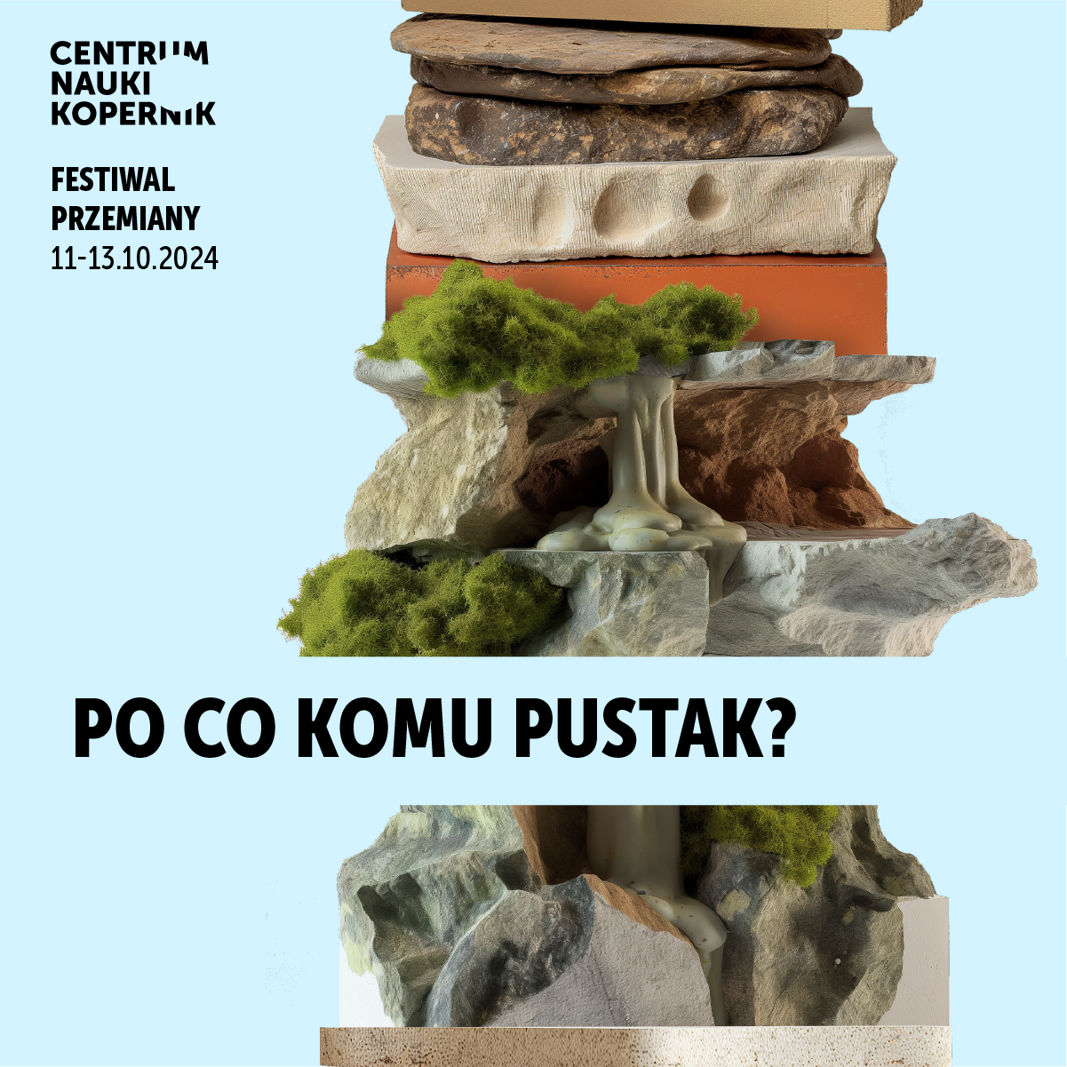 Grafika przedstawia totem złożony z warstw materiałów, form biologicznych, elementów technologicznych i abstrakcyjnych struktur, ilustrujący temat Festiwalu Przemiany 2024.