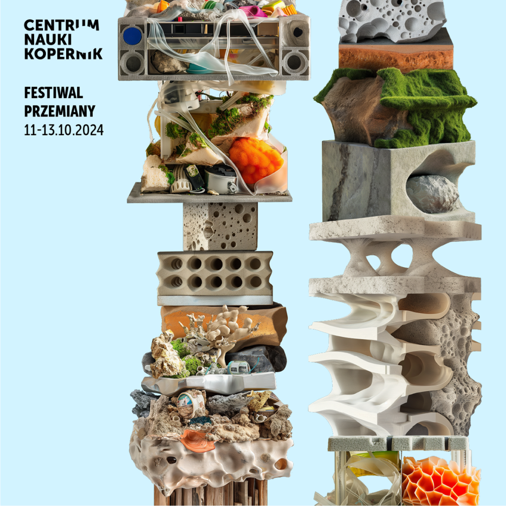 Grafika przedstawia totem złożony z warstw materiałów, form biologicznych, elementów technologicznych i abstrakcyjnych struktur, ilustrujący temat Festiwalu Przemiany 2024.