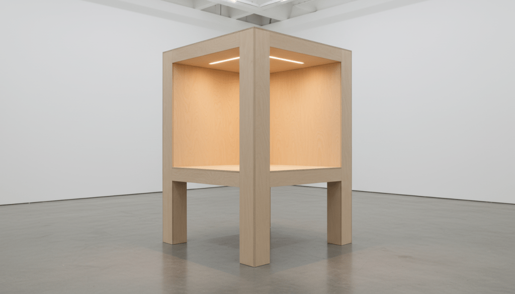 Zdjęcie przestawia wizualizację instalacji sześcianu w przestrzeni galeryjnej.